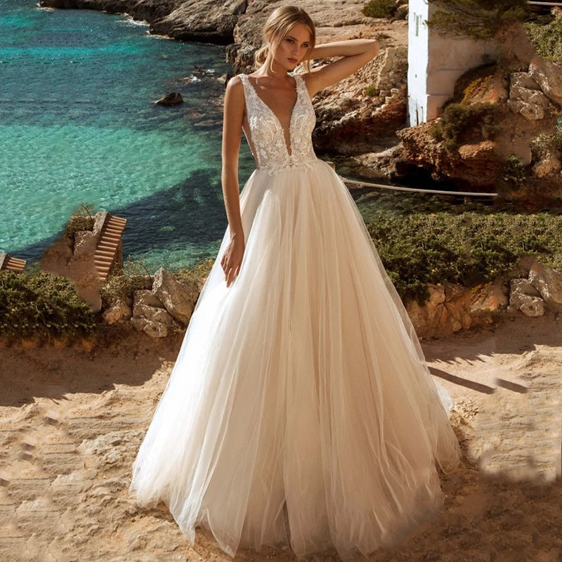 Deep V-Neck Backless Sheer Wedding Dress - Fashionpara