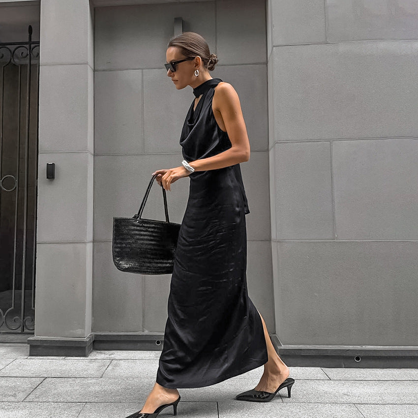 Design Black Thin Soft Matte Satin Swing Collar off Shoulder Elegant Dress Self Tie