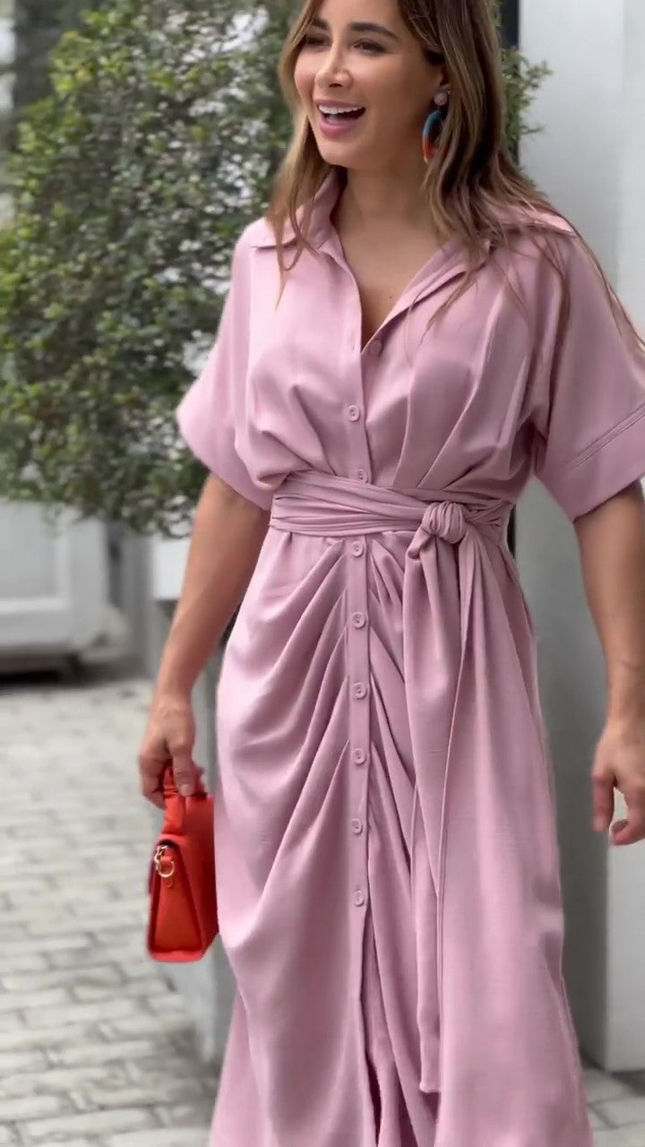 Essence Satin Tie Front Midi Shirt Dress Lavender