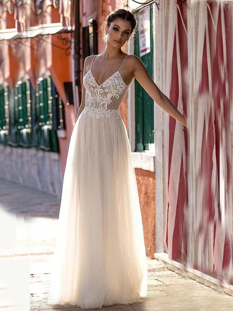 Deep V-Neck Sheer Tulle Wedding Dress - Fashionpara