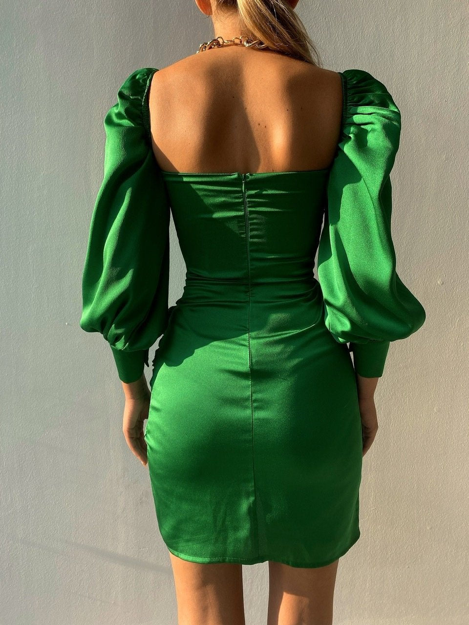 Elyssa Satin Ruffle Mini Dress Emerald
