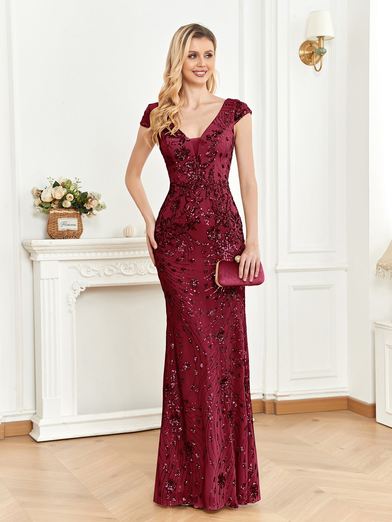 Sequined Champagne Evening Cocktail Slim Fit Fishtail Long Toast Dress