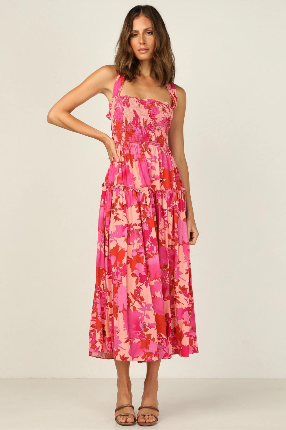 Edris Cotton Floral Tiered Midi Dress Coral Pink