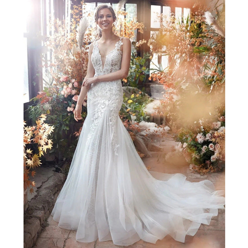 Deep V-Neck Satin Mermaid Wedding Dress - Fashionpara