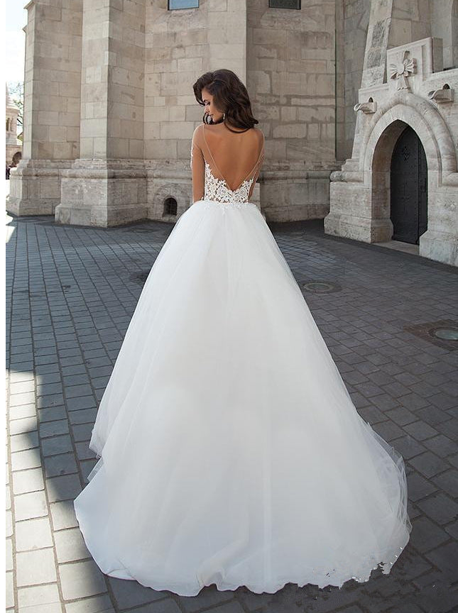 Off-Shoulder V-Neck Sheer Wedding Dress - Fashionpara