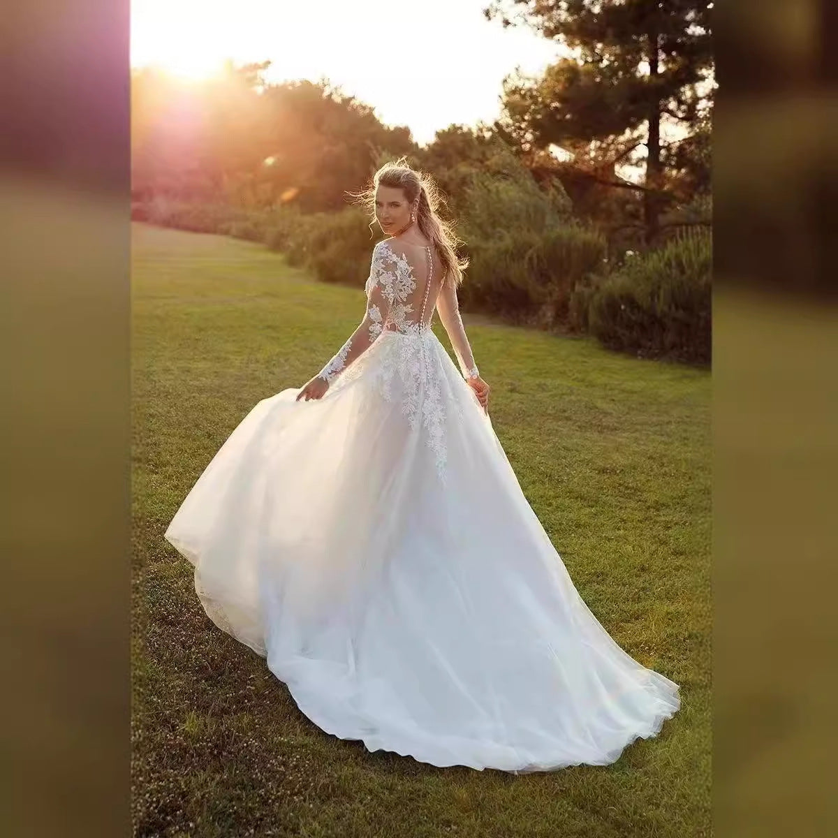 Long Sleeve Sheer Tulle Bridal Wedding Dress - Fashionpara