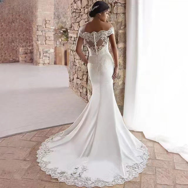 Off-Shoulder Satin Lace Mermaid Wedding Dress - Fashionpara
