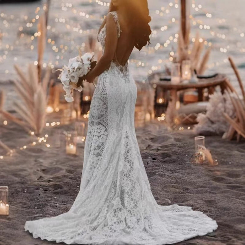 Lace V-Neck Mermaid Wedding Dress - Fashionpara