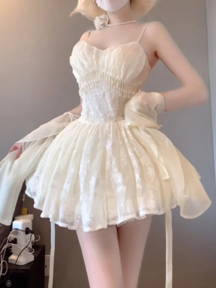 Sexy French Ball Gown Spaghetti Straps Holiday Dress White Birthday Dresses Birthday Outfits
