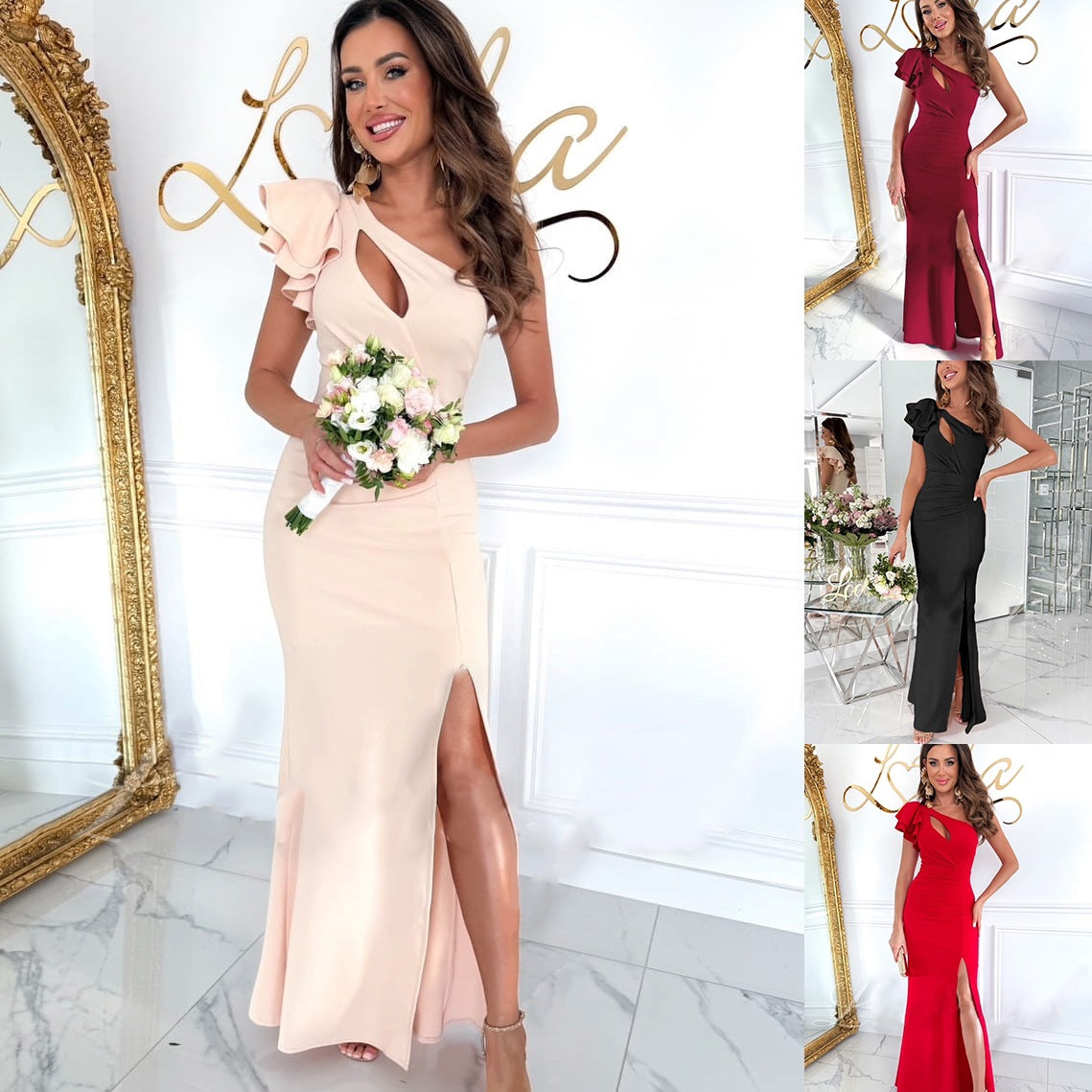 Yoselin Luxe Women's Asymmetric Maxi Dress with Side Slit and Ruffle Detail Chic Silhouette Collection