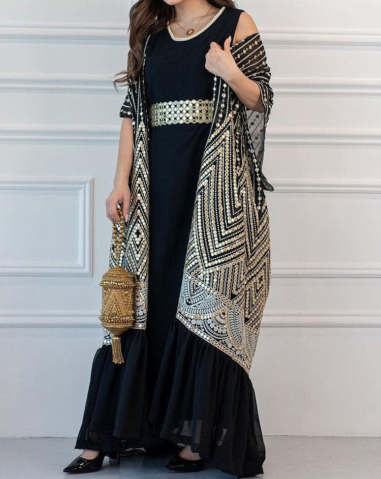 Elegant Bat Sleeve Cape Coat Dress - Stylish Two-Piece Set - Fashionpara