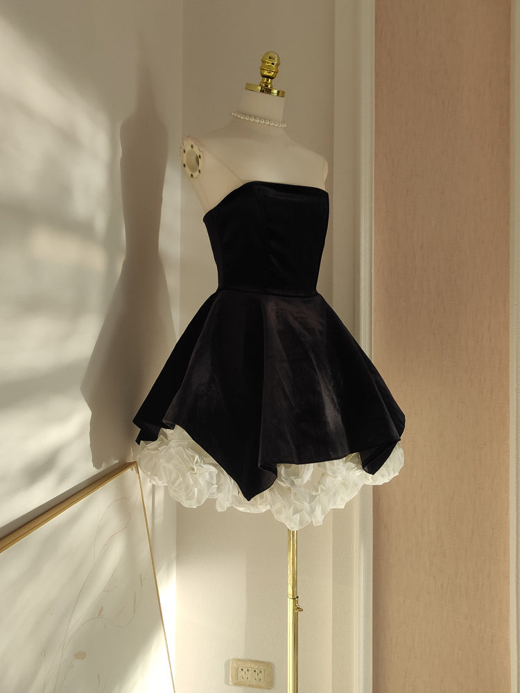 Sexy A line Strapless Velvet Black Holiday Dress Travel Vacation Dresses Short Birthday Dress