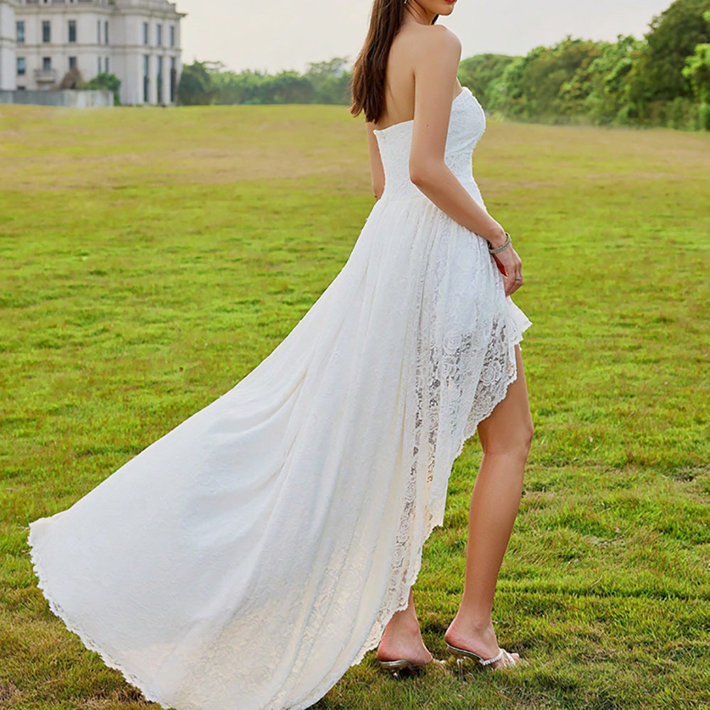 Elegant Casual Dress Tube Top Lace Ruffled Vacation Wedding Dress - Fashionpara