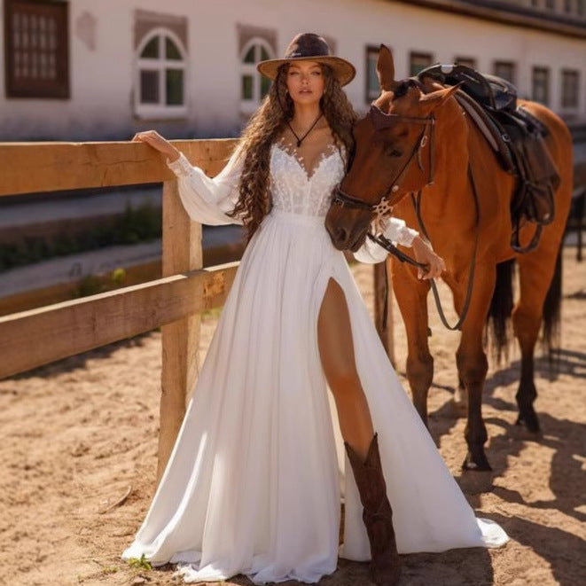 Long Sleeve V-Neck Lace Wedding Dress - Fashionpara