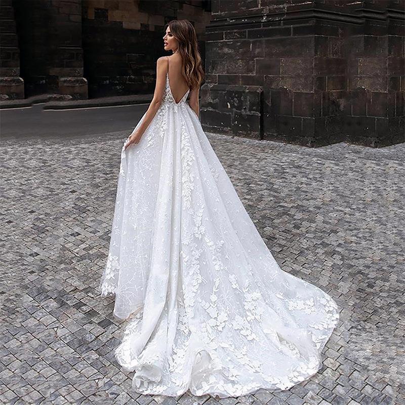 V-Neck Mermaid Sheer Tulle Wedding Dress - Fashionpara