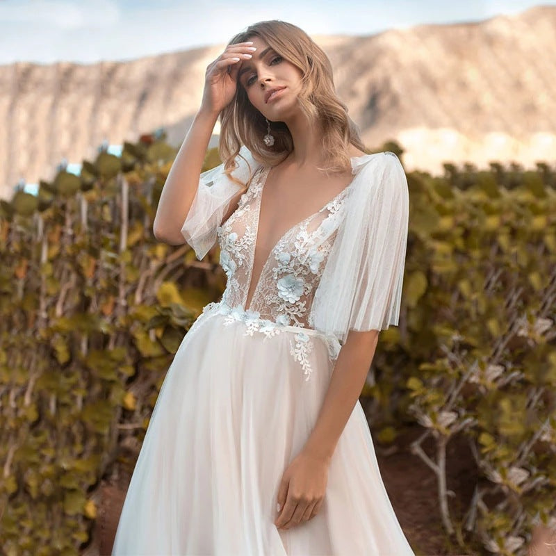 Lace Spaghetti Strap Wedding Dress - Fashionpara