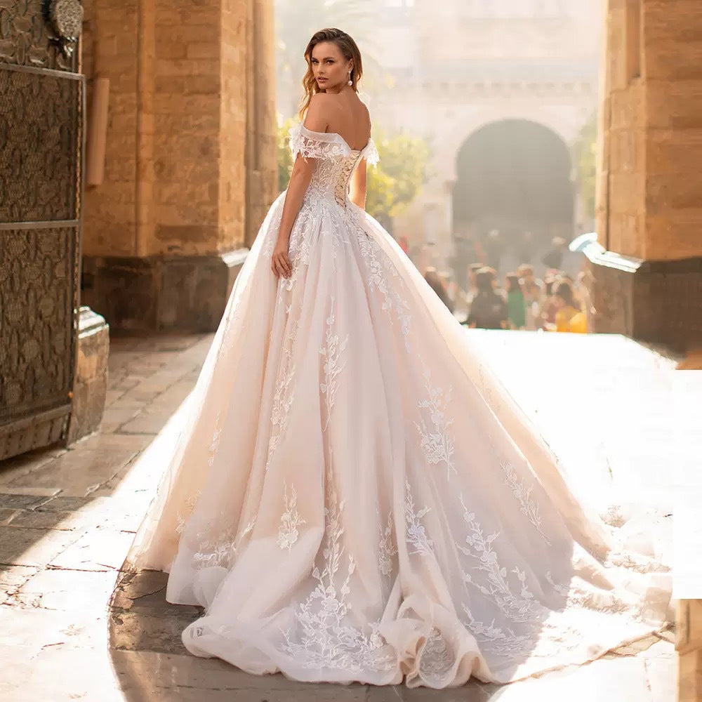 Off-Shoulder Starry Sheer Wedding Dress - Fashionpara