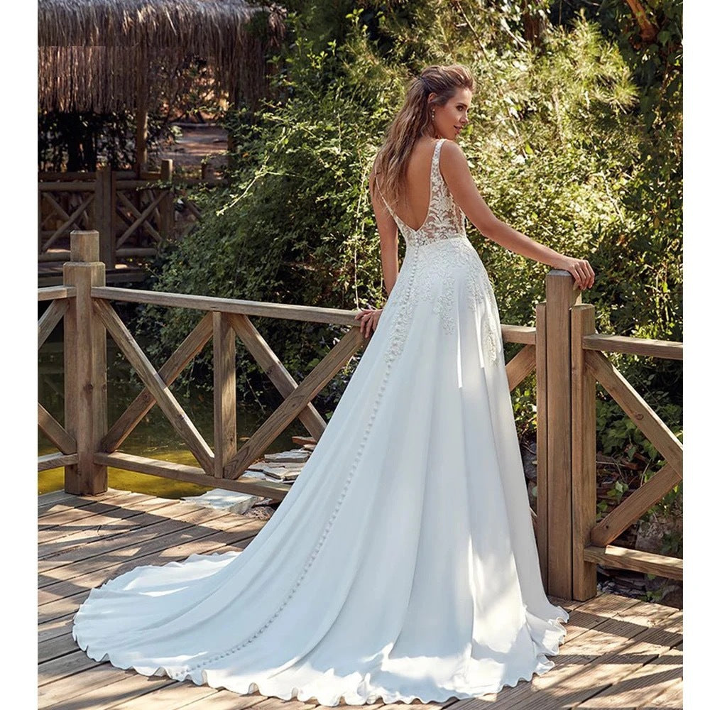 Double Strap Deep V-Neck Lace Wedding Dress - Fashionpara