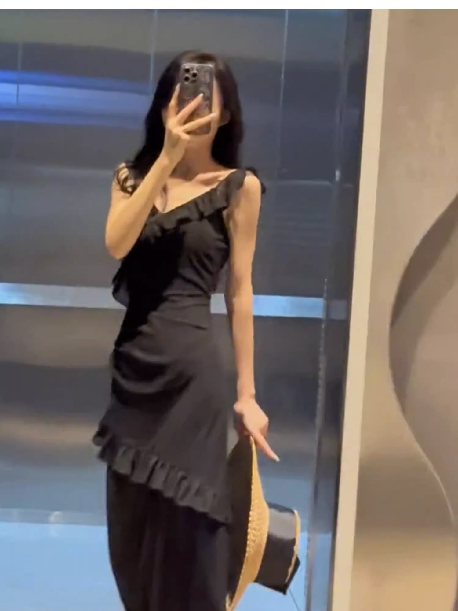 Sexy Sheath V Neckline Ruffled Black Chiffon Beach Dress Women's Vacation Dresses