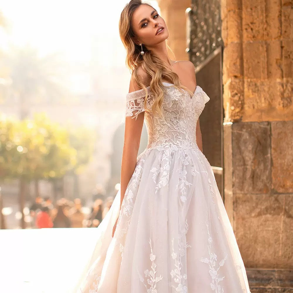Off-Shoulder Starry Sheer Wedding Dress - Fashionpara