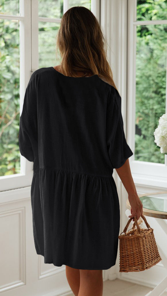 Palmer Pocketed Button Down Babydoll Dress Black