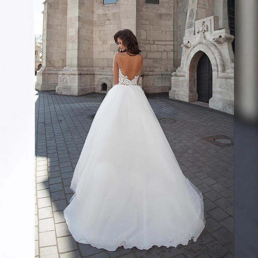 Off-Shoulder V-Neck Sheer Wedding Dress - Fashionpara
