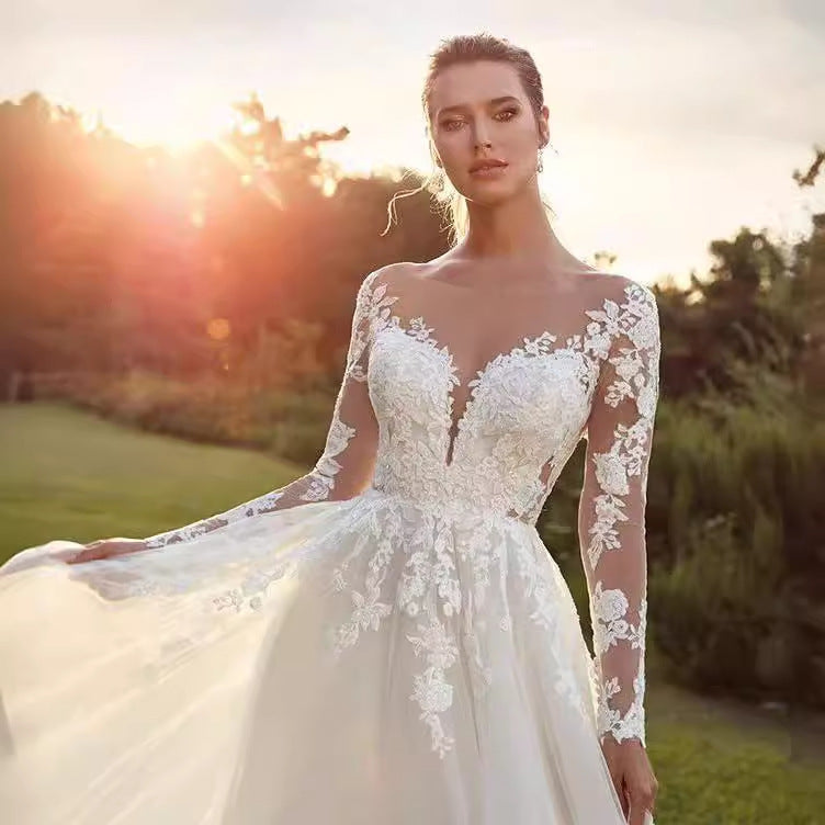Long Sleeve Sheer Tulle Bridal Wedding Dress - Fashionpara