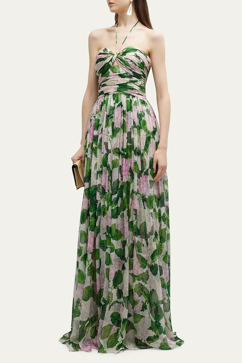 Sandra Aesthetic Halter Neck Maxi Dress with Floral Print Premium Wardrobe Essential