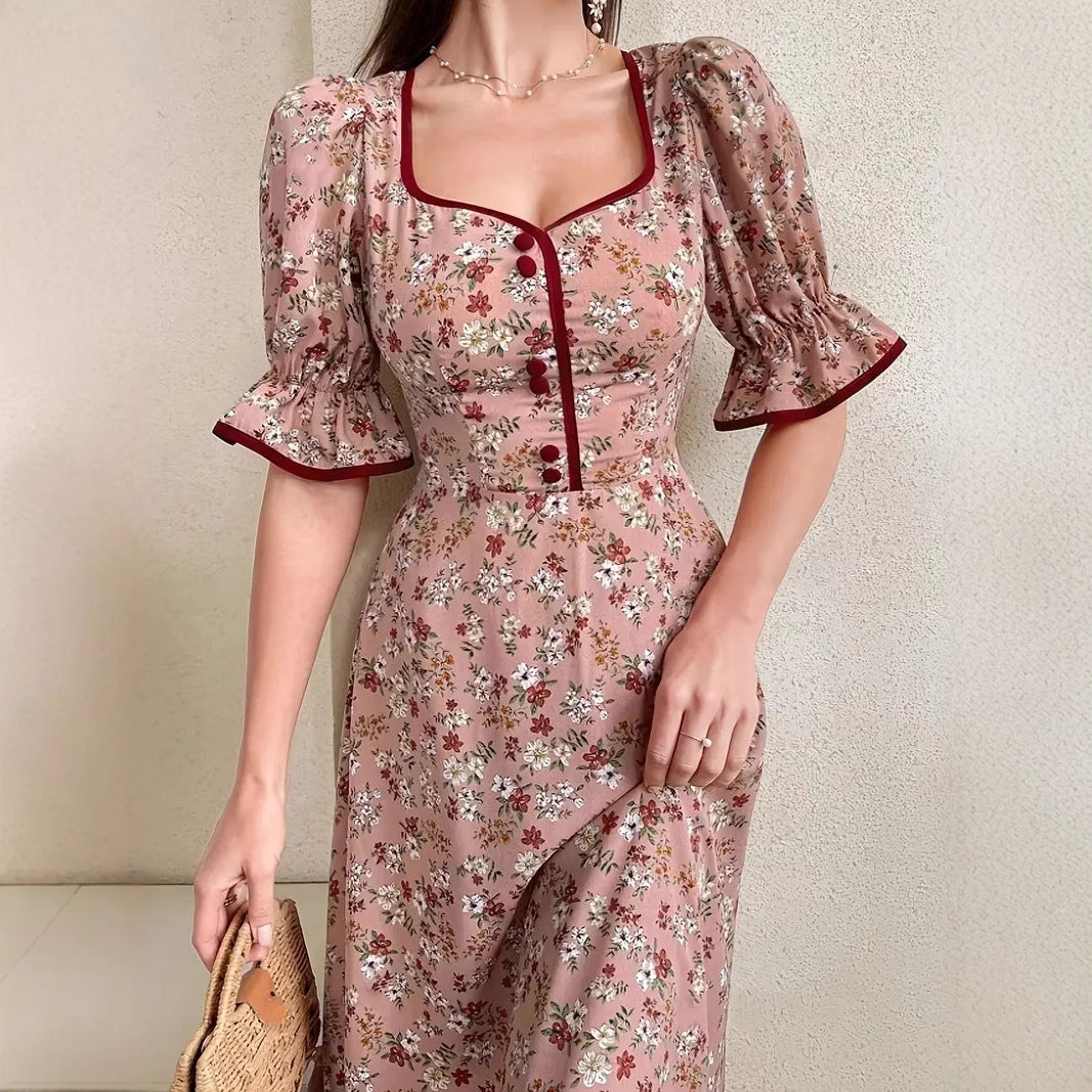 Noemí Effortless Women's Floral Print Maxi Dress with Chic Square Neckline and Puff Sleeves Everyday Luxe Edit