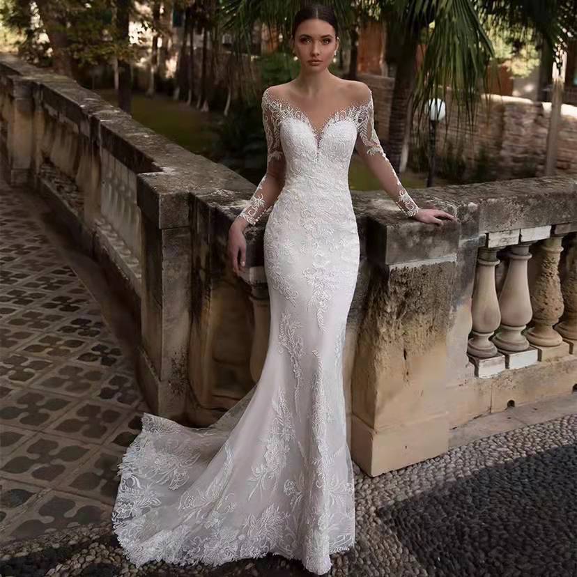 Deep V-Neck Backless Mermaid Wedding Dress - Fashionpara