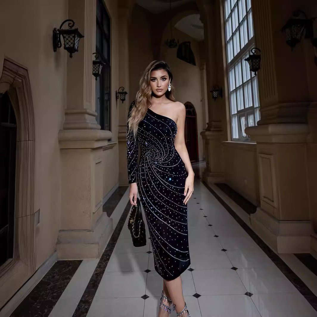 Elegant One-Shoulder Rhinestone Slimming Dress Prom Dress - Fashionpara