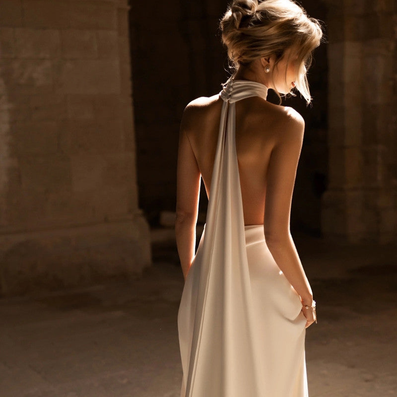 Halter Slim Tail Wedding Dress - Fashionpara