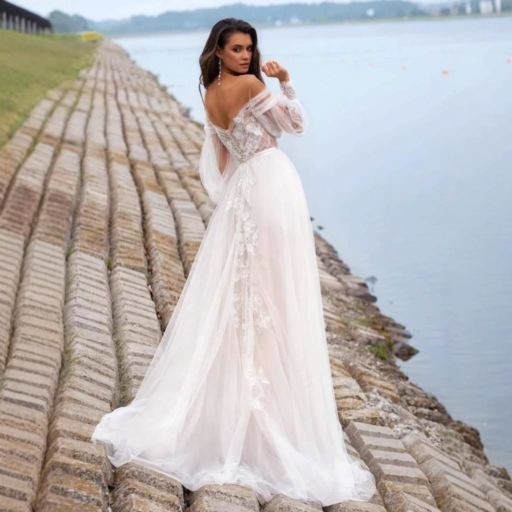 Strapless Bubble Sleeve Sheer Wedding Dress - Fashionpara