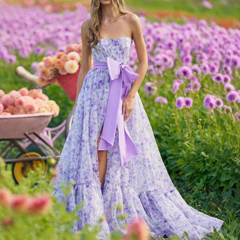 Floral Ruffle V-Neck High Hem Prom Dress - Fashionpara
