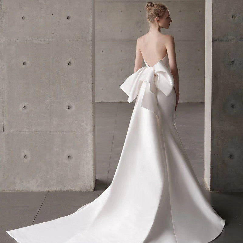 Satin Strapless Bowknot Wedding Dress - Fashionpara