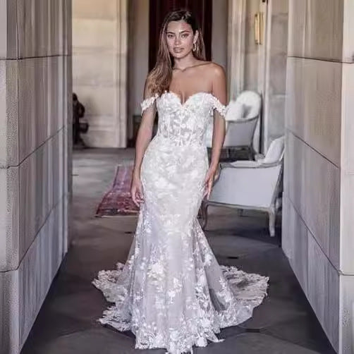 Off-Shoulder Lace Mermaid Bridal Wedding Dress - Fashionpara