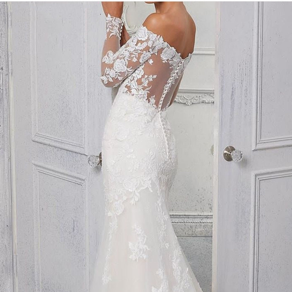 Lace Mermaid Long Train Wedding Dress - Fashionpara