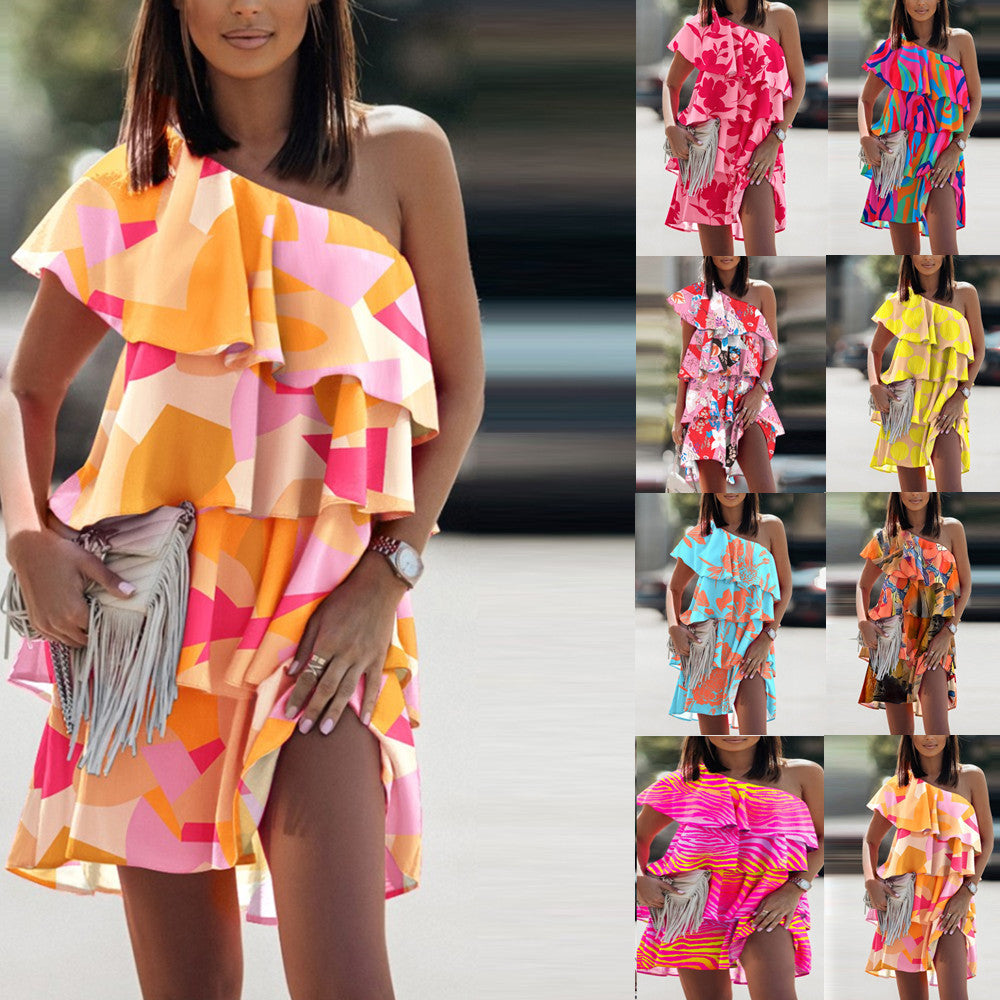 Gabriela Chic Women's Asymmetric Summer Dress with Flounce and Floral Patchwork Design Evening Wear Edit