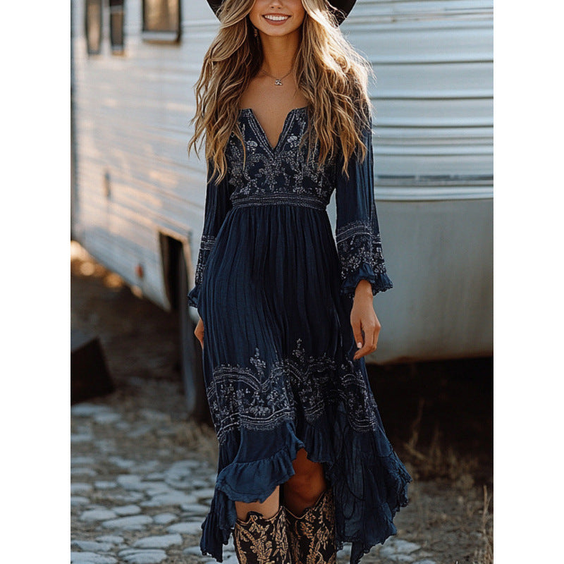 Western Cowgirl Floral Print Tie Retro Boho Dress