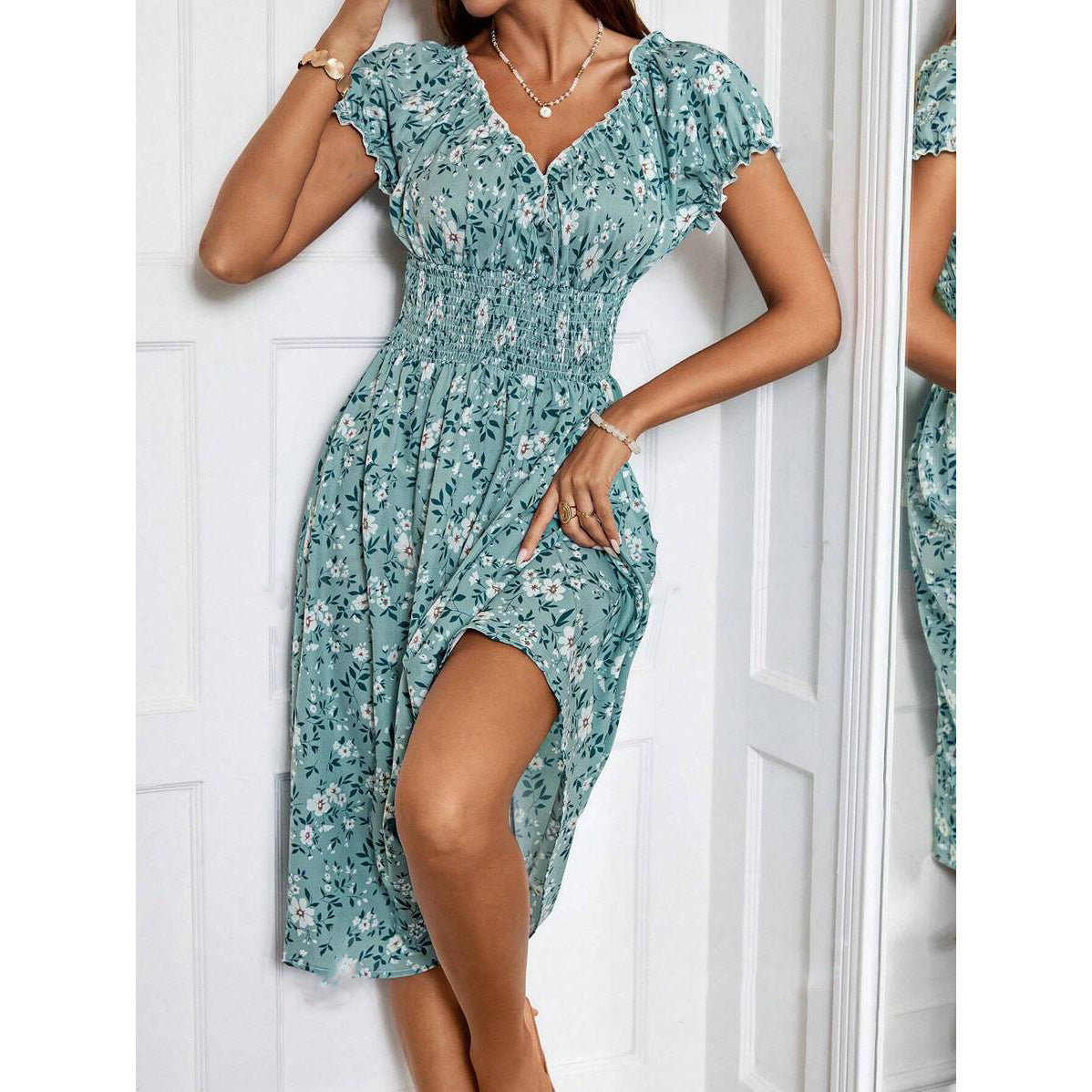 Julia Statement Women's Bloom Midi Dress with Elastic Waist and Ruffle Details Evening Wear Edit