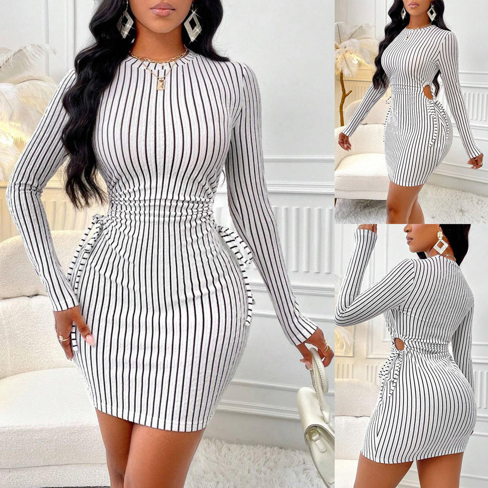 Paula Premium Women's Bodycon Dress with Striped Pattern and Ruffles Elevated Occasion Wear