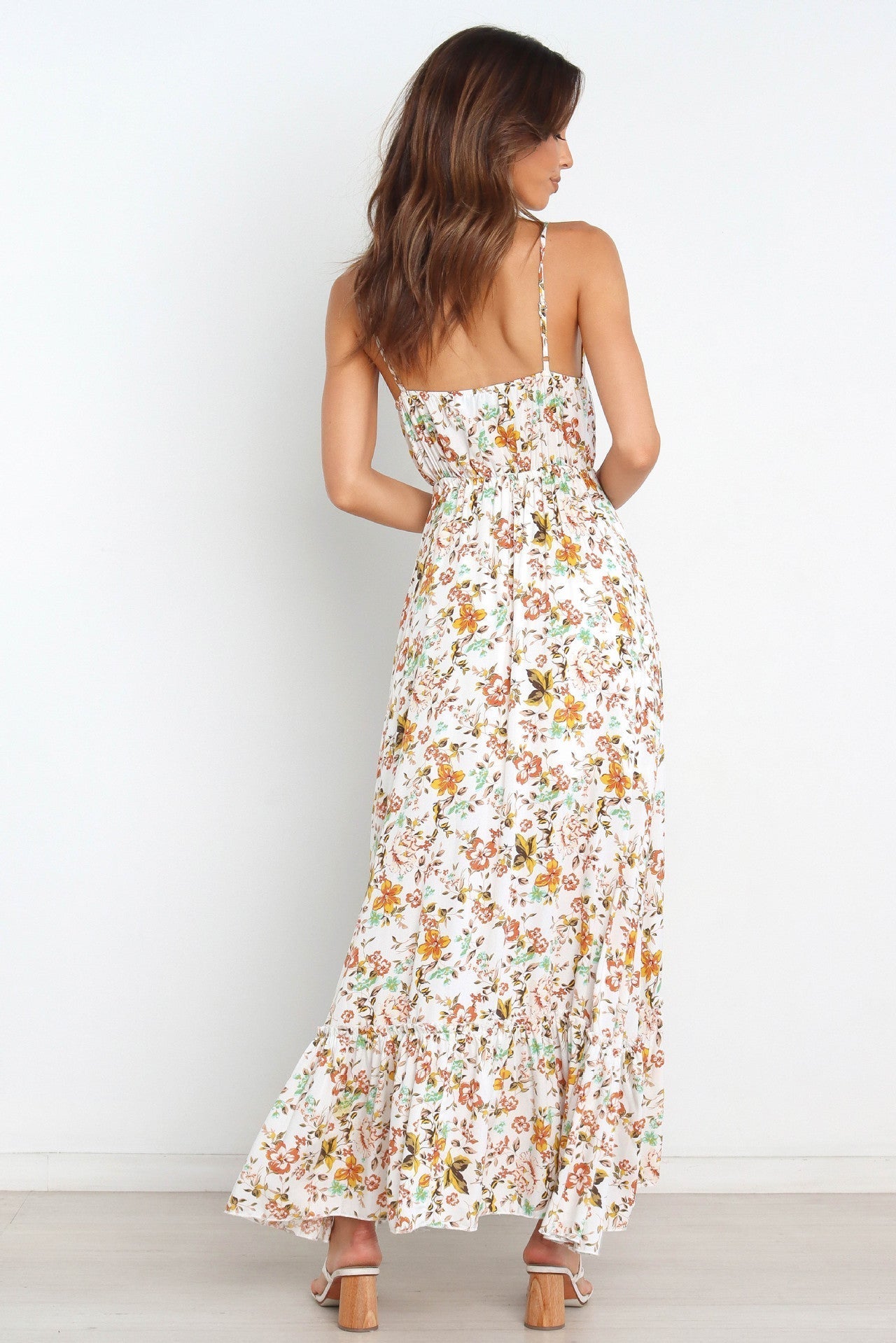 Bingham Satin Floral Ruffle Maxi Dress Cream