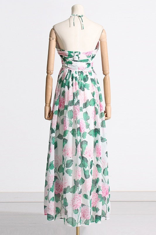 Sandra Aesthetic Halter Neck Maxi Dress with Floral Print Premium Wardrobe Essential