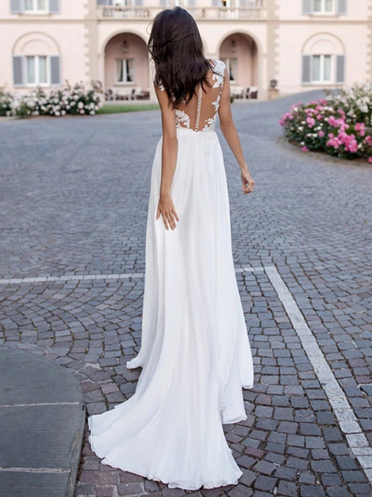 U-Neck Long Sleeve Backless Wedding Dress - Fashionpara