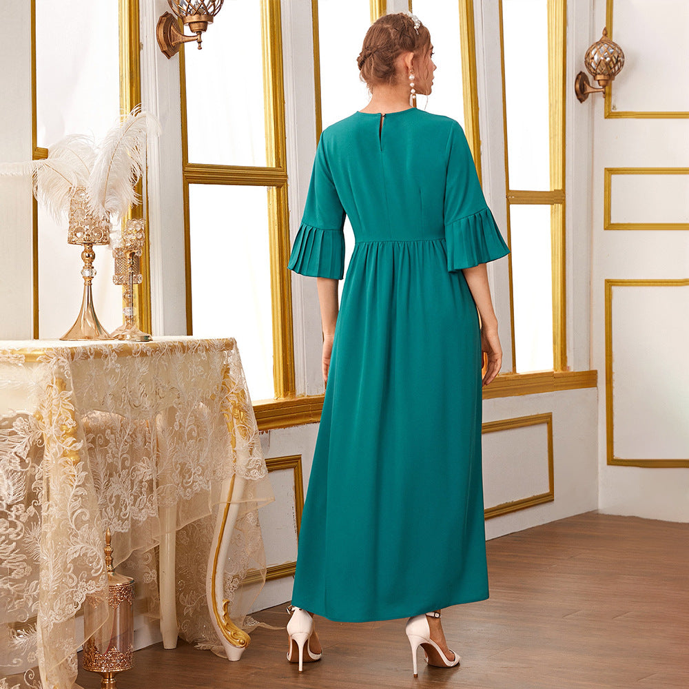 Round Neck Pleated Short Sleeve Mid Sleeve High Waist Dress Simple Dress