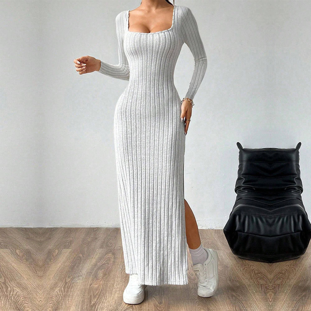 Simple Elegant Dress Square Collar Backless Long Sleeve Mid Length Dress