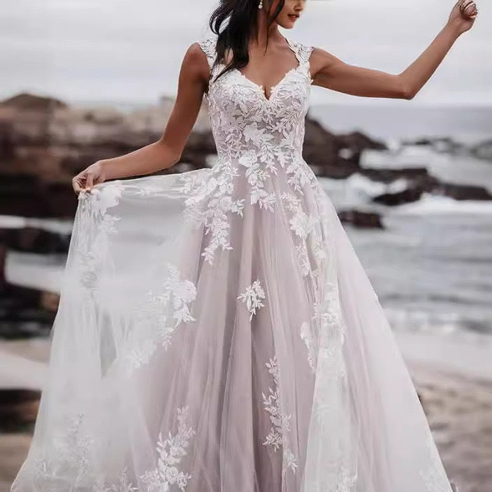 V-Neck Lace A-Line Wedding Dress - Fashionpara
