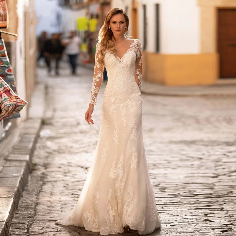 Deep V-Neck Backless Sheer Wedding Dress - Fashionpara