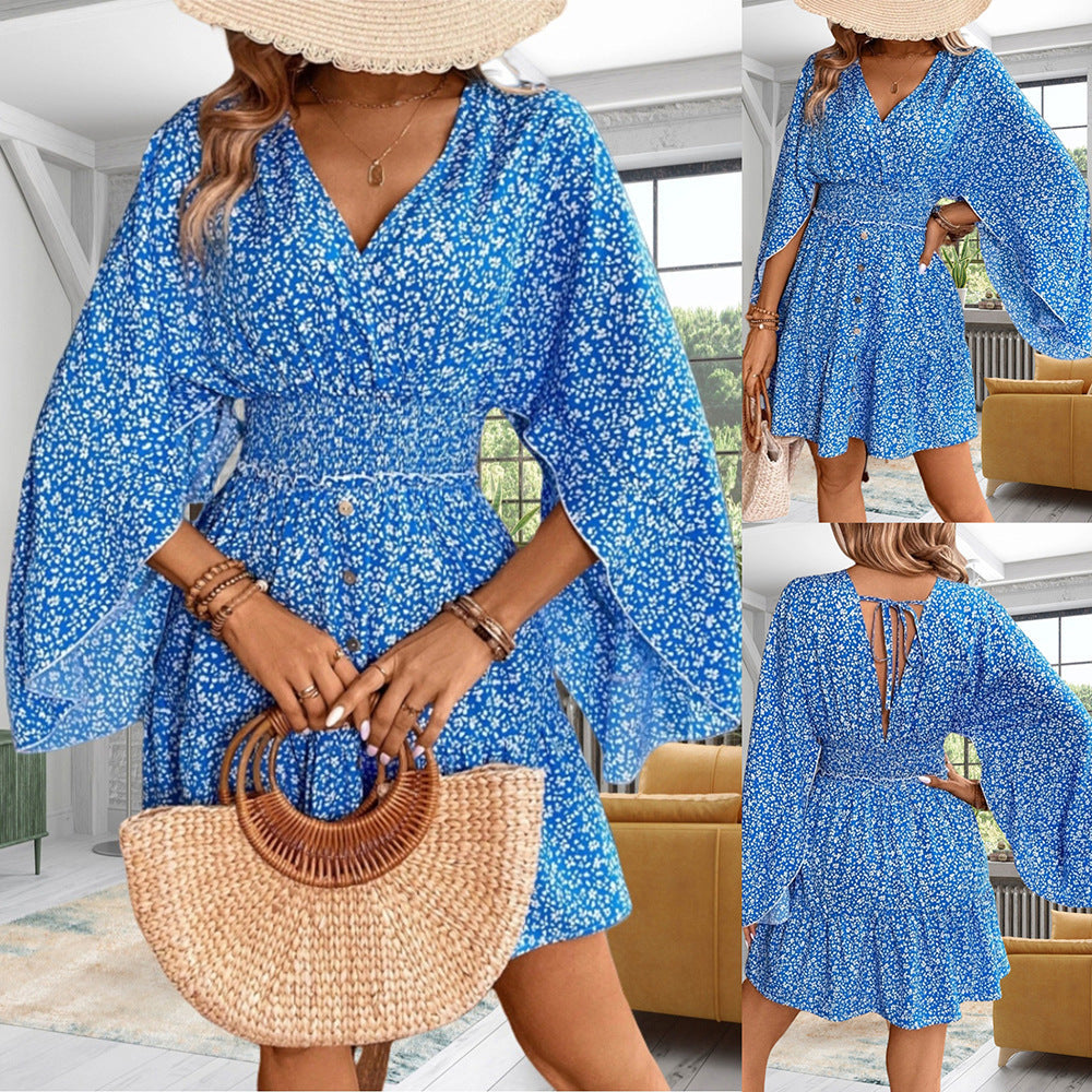 Wendy Exclusive Women's Floral Dress with Swing Sleeves and V Neck Premium Wardrobe Essential
