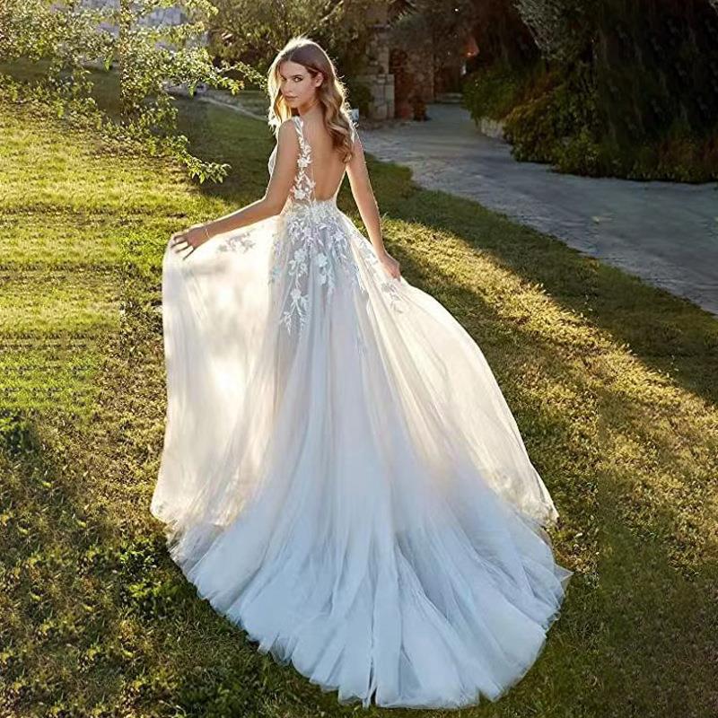 Backless Beach Sheer Tulle Wedding Dress - Fashionpara